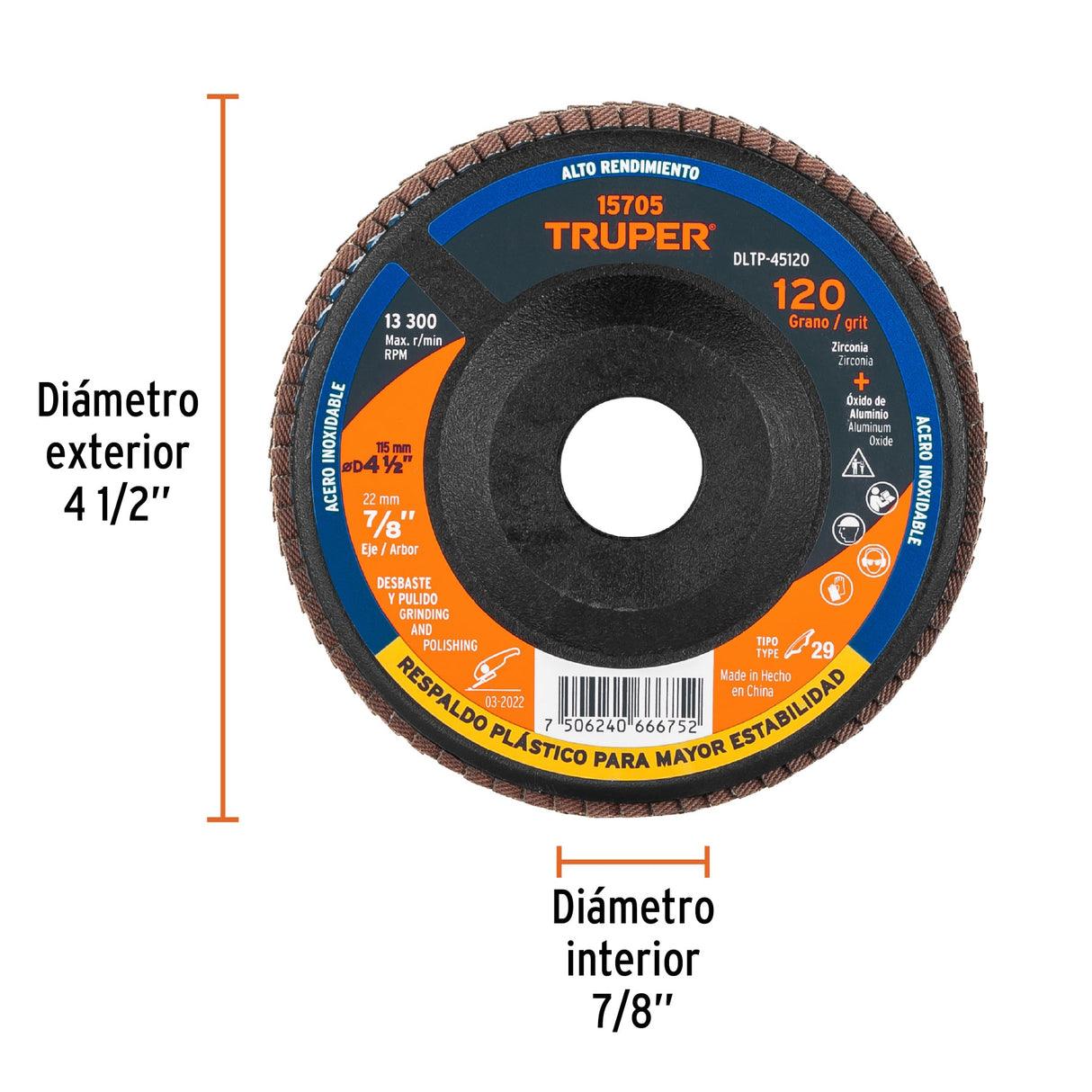 Disco Laminado 4-1/2' Grano 120 Centro 7/8', Plástico, Truper