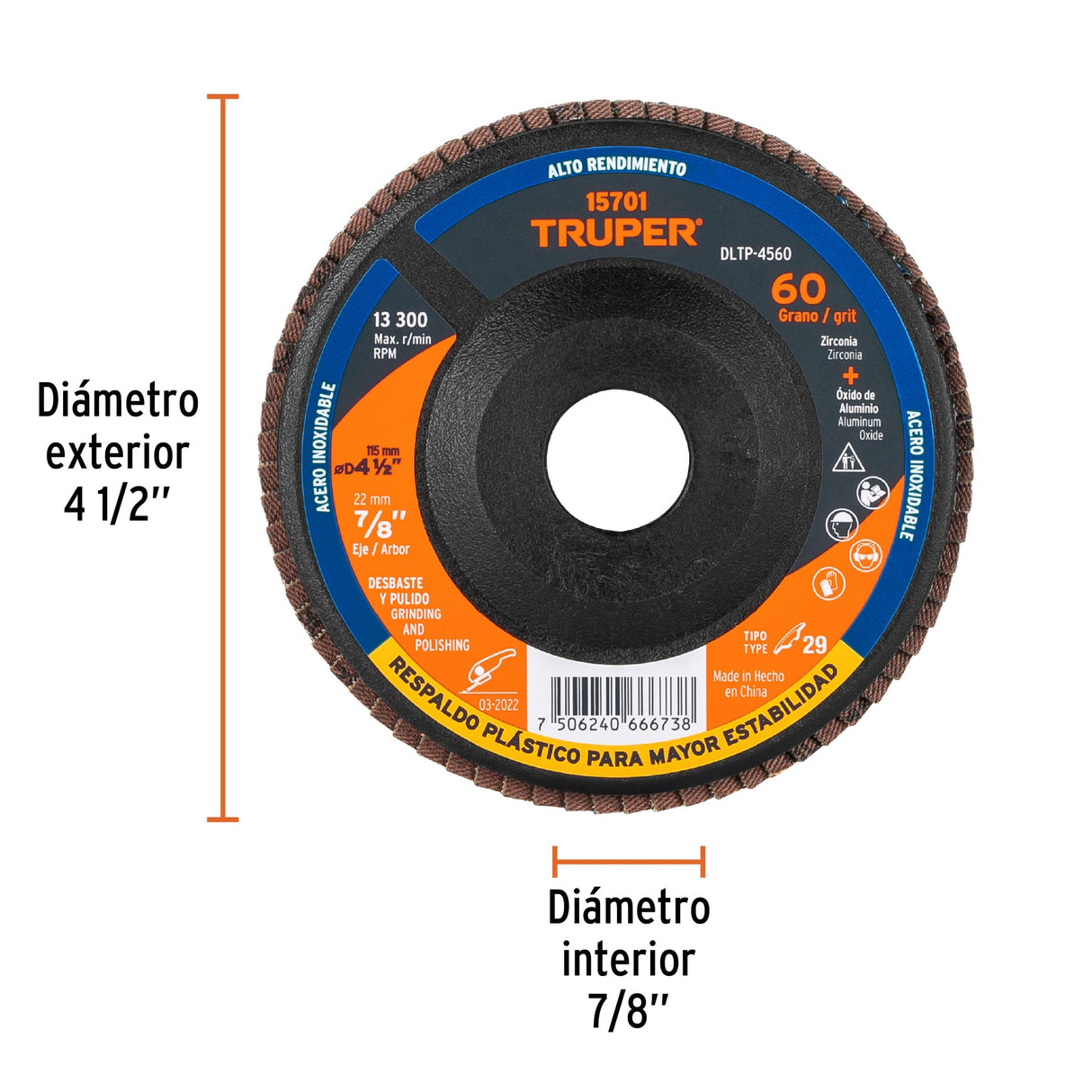 Disco Laminado 4-1/2' Grano 60 Centro 7/8', Plástico, Truper