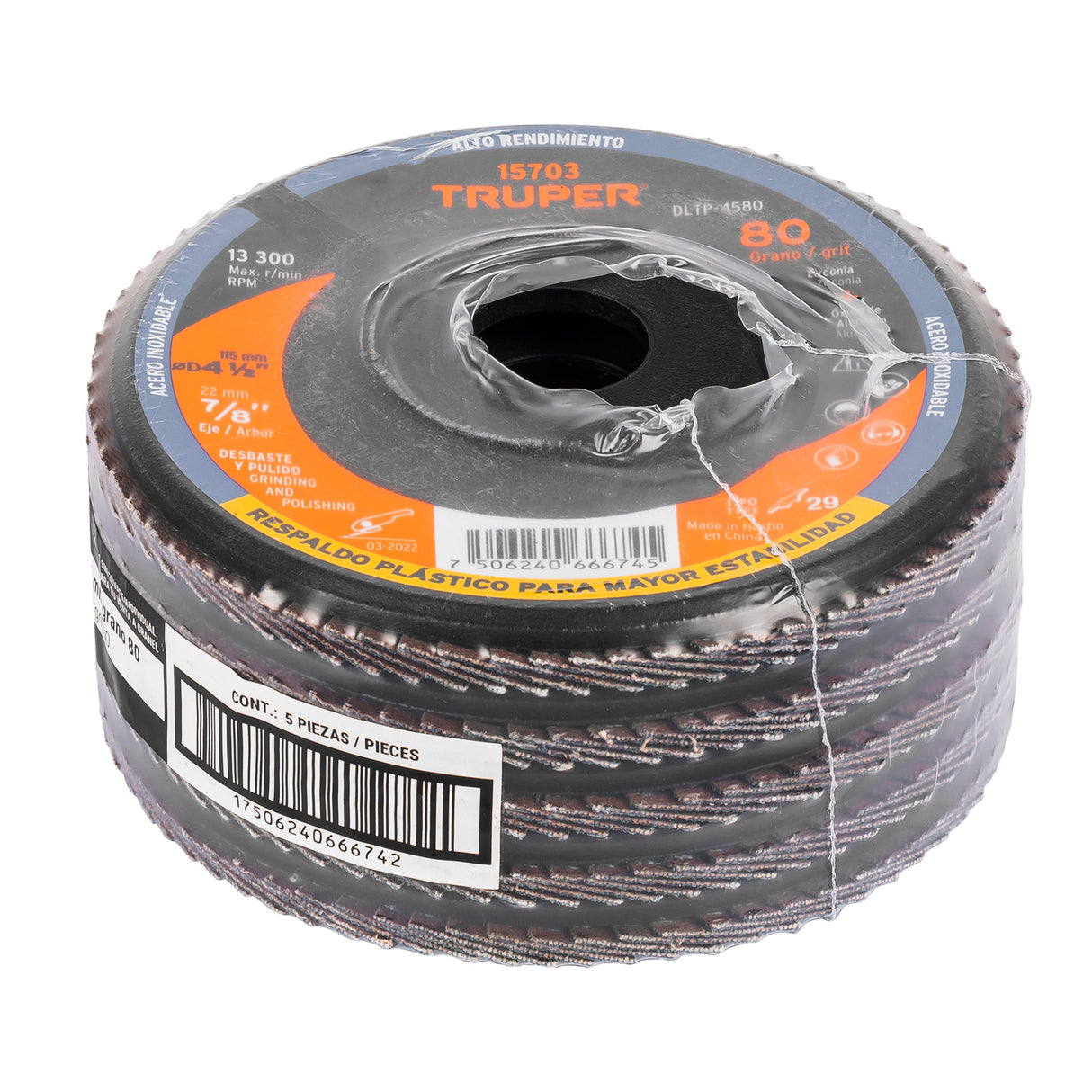 Disco Laminado 4-1/2' Grano 80 Centro 7/8', Plástico, Truper
