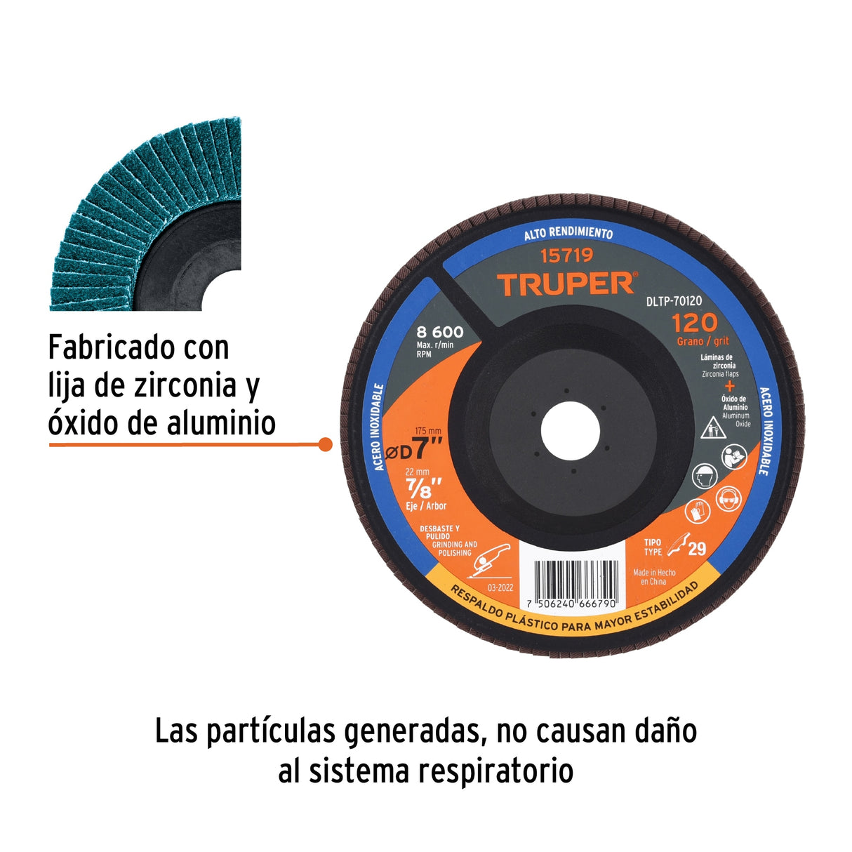 Disco Laminado 7' Grano 120 Centro 7/8', Plástico, Truper