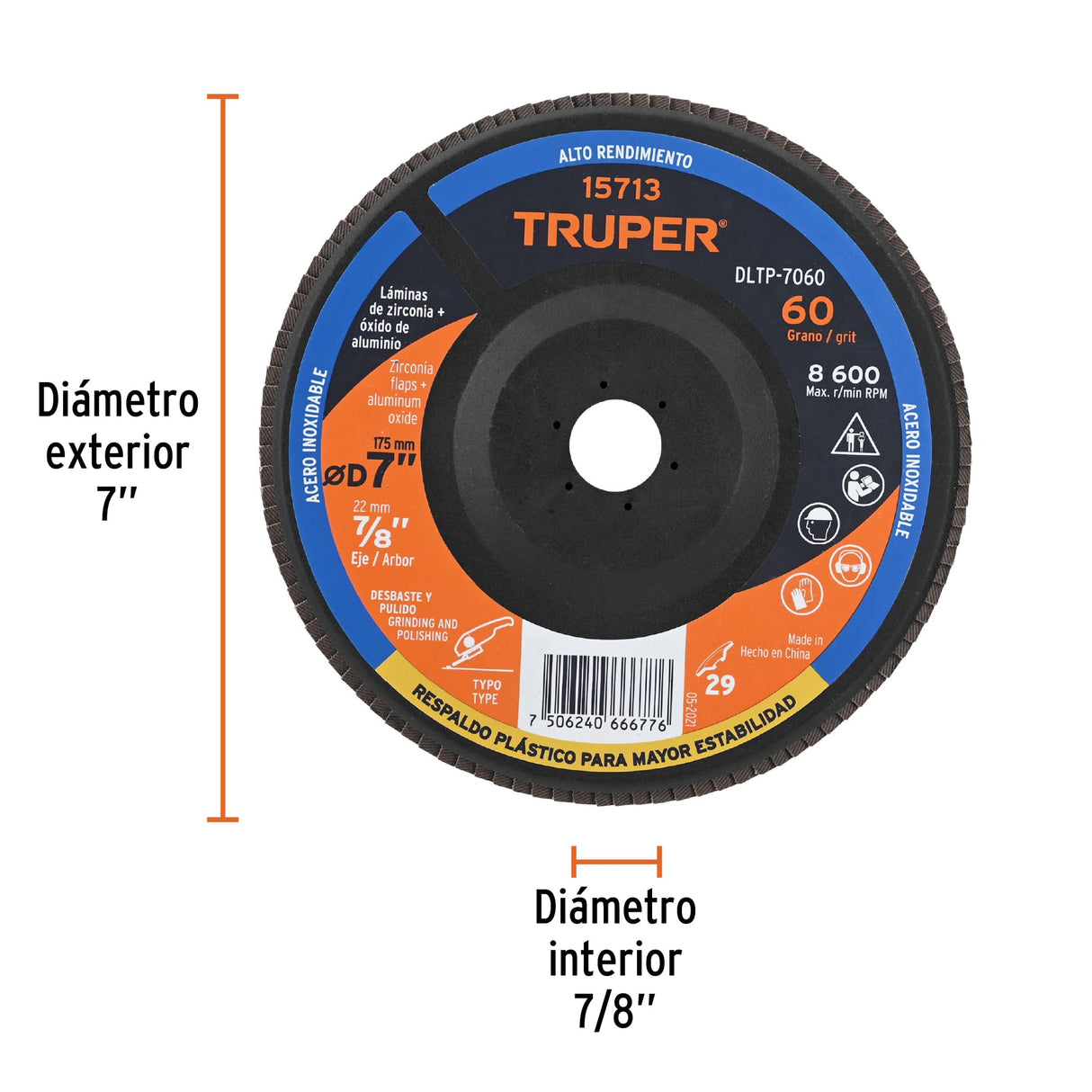 Disco Laminado 7' Grano 60 Centro 7/8', Plástico, Truper