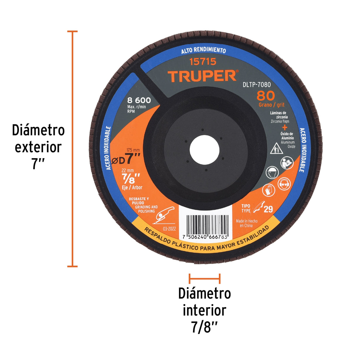 Disco Laminado 7' Grano 80 Centro 7/8', Plástico, Truper