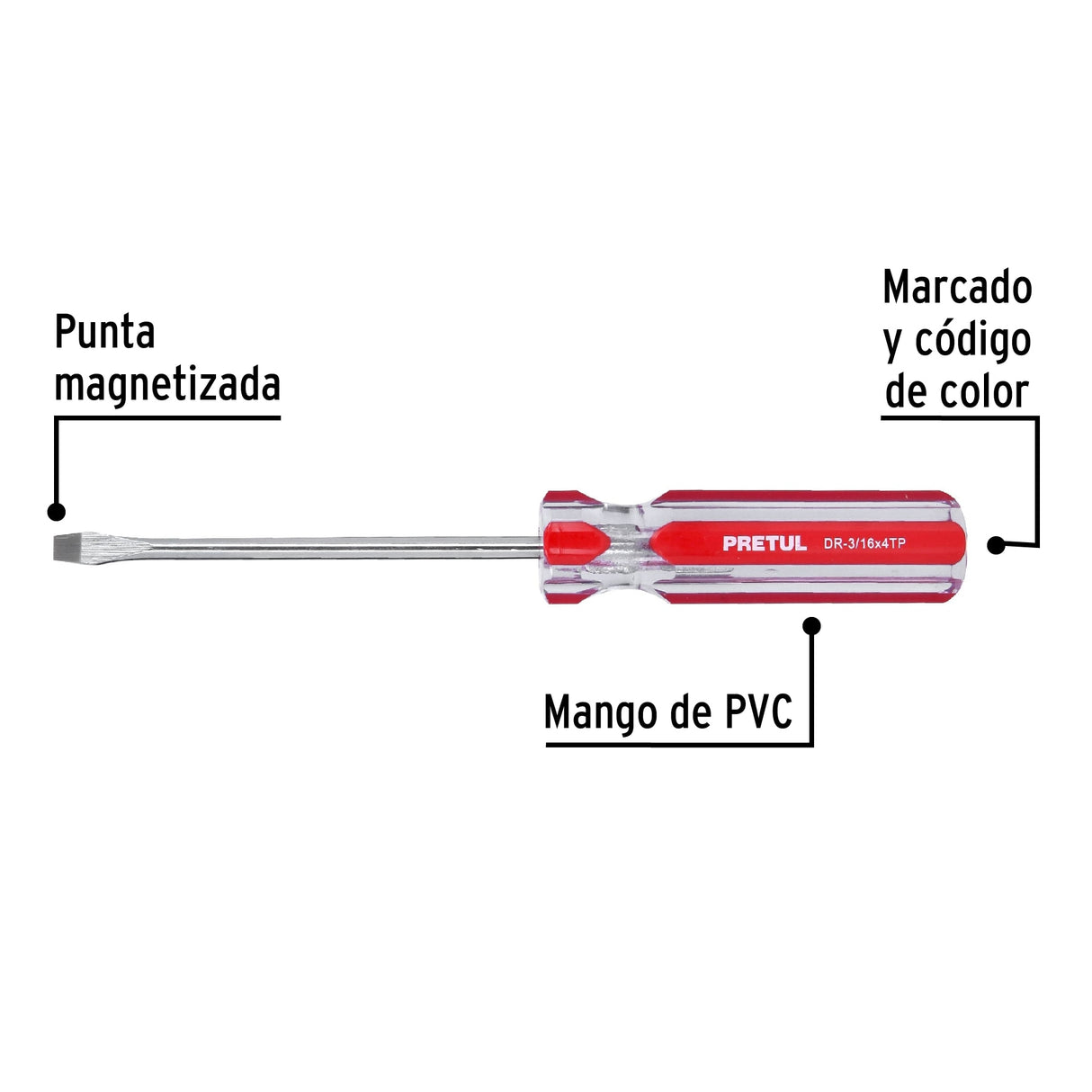 Desarmador Plano 3/16 X 4' Mango de PVC, Pretul