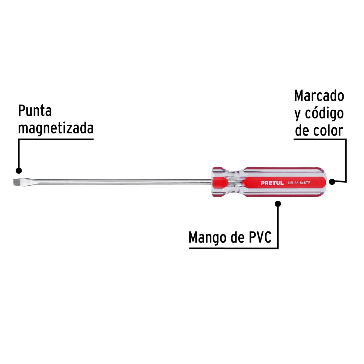 Desarmador Plano 3/16 X 6' Mango de PVC, Pretul
