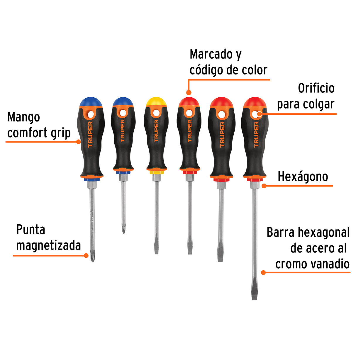 Juego de 6 Desarmadores Mango Comfort Grip, Truper