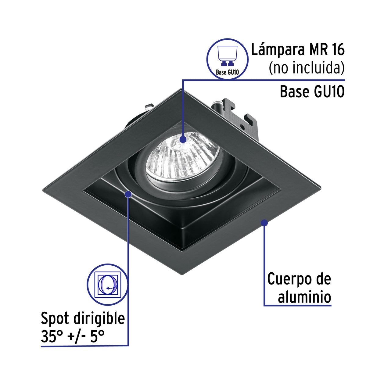 Luminario Empotrable con 1 Spot Dirigible, Negro, Volteck