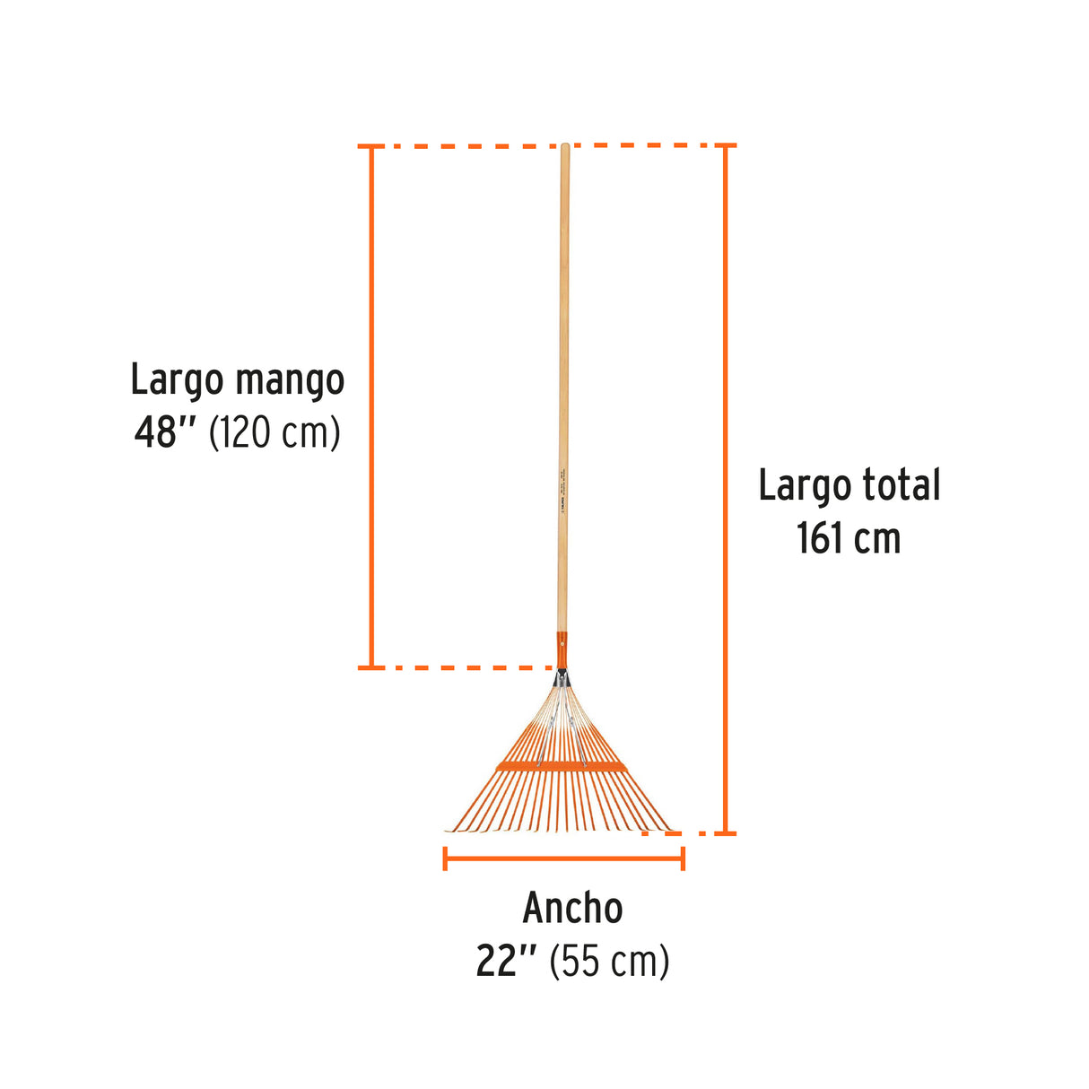 Escoba Metálica para Jardín, Recta, 22 Dientes, Mango 48'