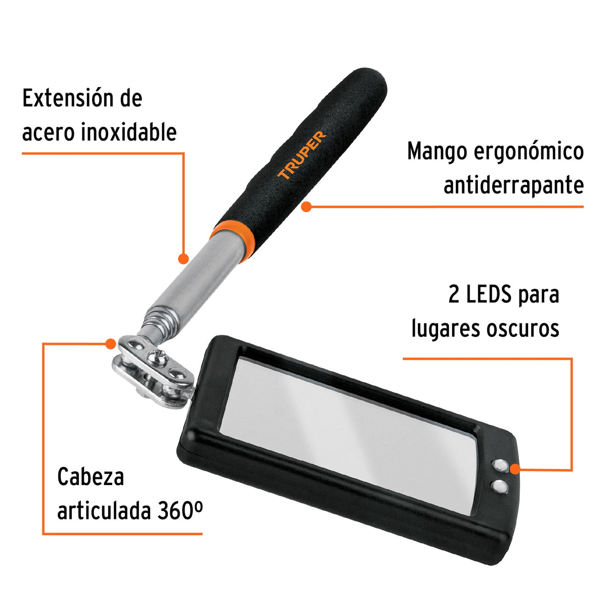 Espejo Telescópico con Luz LED, 5 X 8 cm, Truper