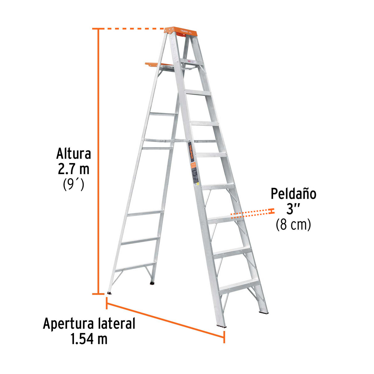 Escalera de Tijera Tipo Ll 8 Peldaños y Bandeja, Truper