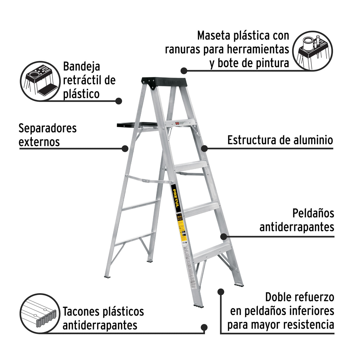 Escalera de Tijera Tipo III 4 Escalones y Bandeja, Pretul