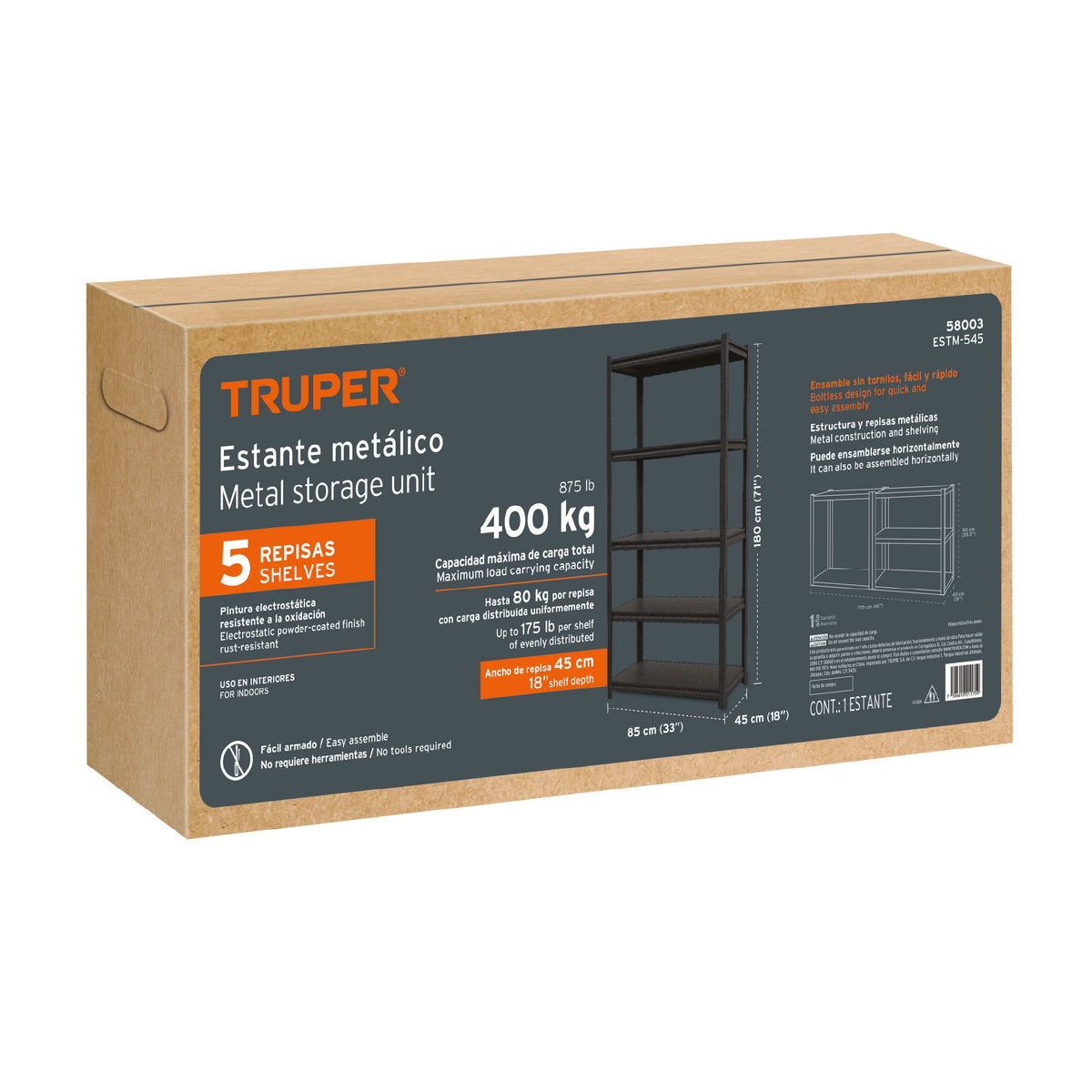 Estante Metálico 5 Repisas Capacidad 80 kg, 180X45X85, Truper