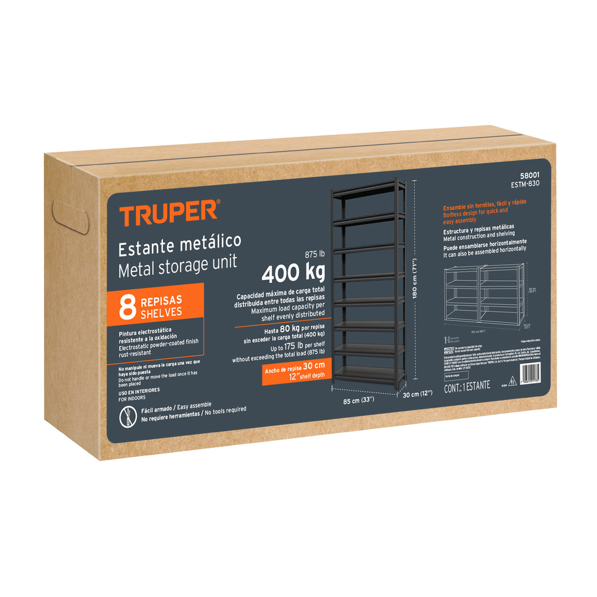 Estante Metálico 8 Repisas Capacidad 80 kg, 180X30X85, Truper