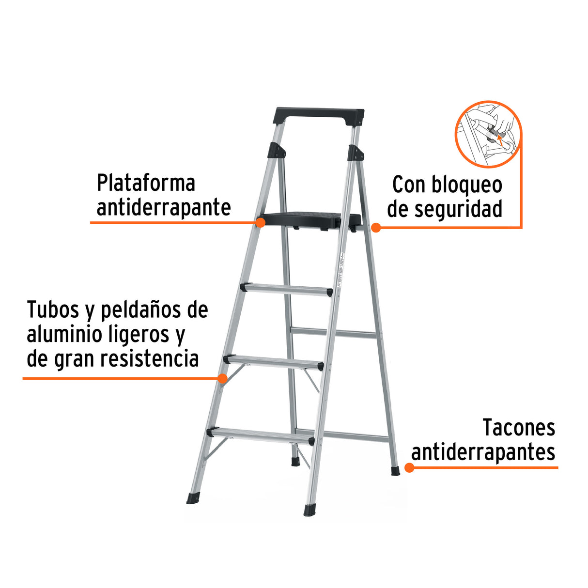 Escalera Tubular Plegable, 4 Peldaños, Aluminio, Truper
