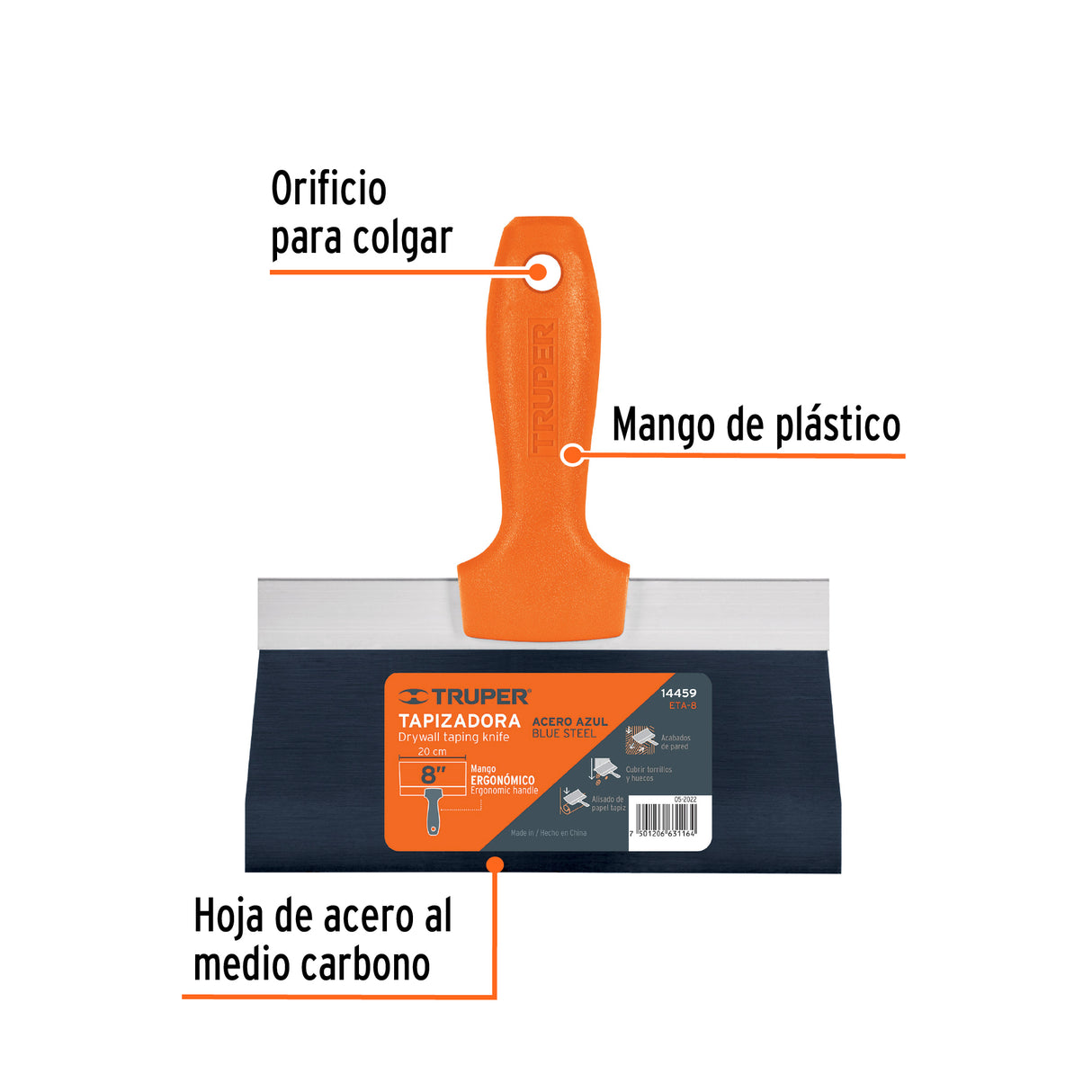 Espátula Tapizadora de 8' Acero al Medio Carbono, Truper