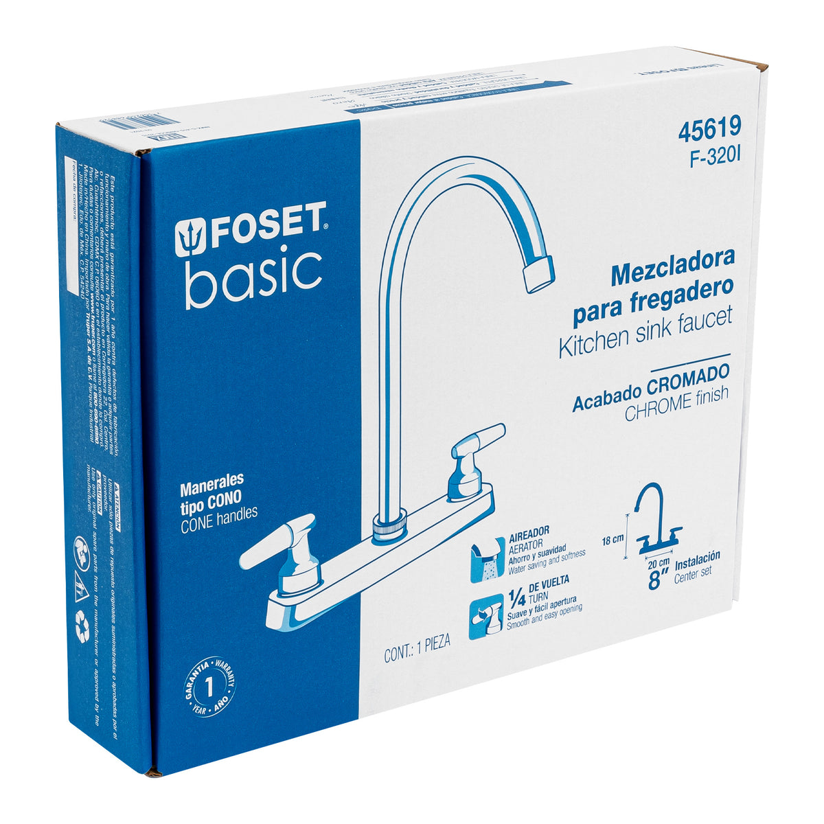 Mezcladora 8' Fregadero Cromo, Cuello Curvo, Cono, Basic