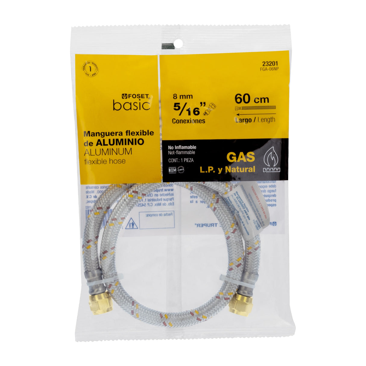 Manguera para Gas, Aluminio, 5/16' Flare, 60 cm, Foset Basic
