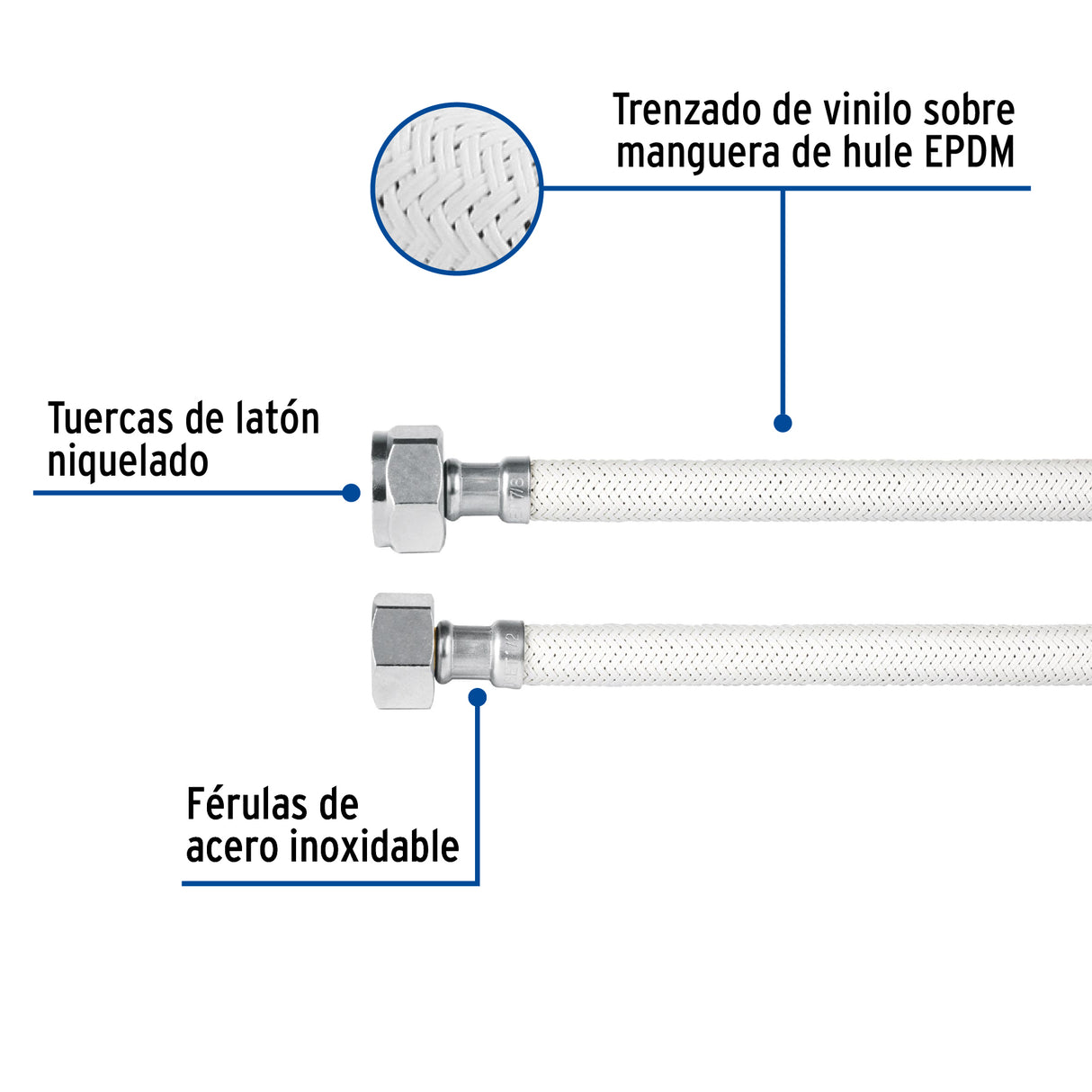 Manguera para Wc, Vinilo Blanco, 1/2' X 7/8', 50 cm