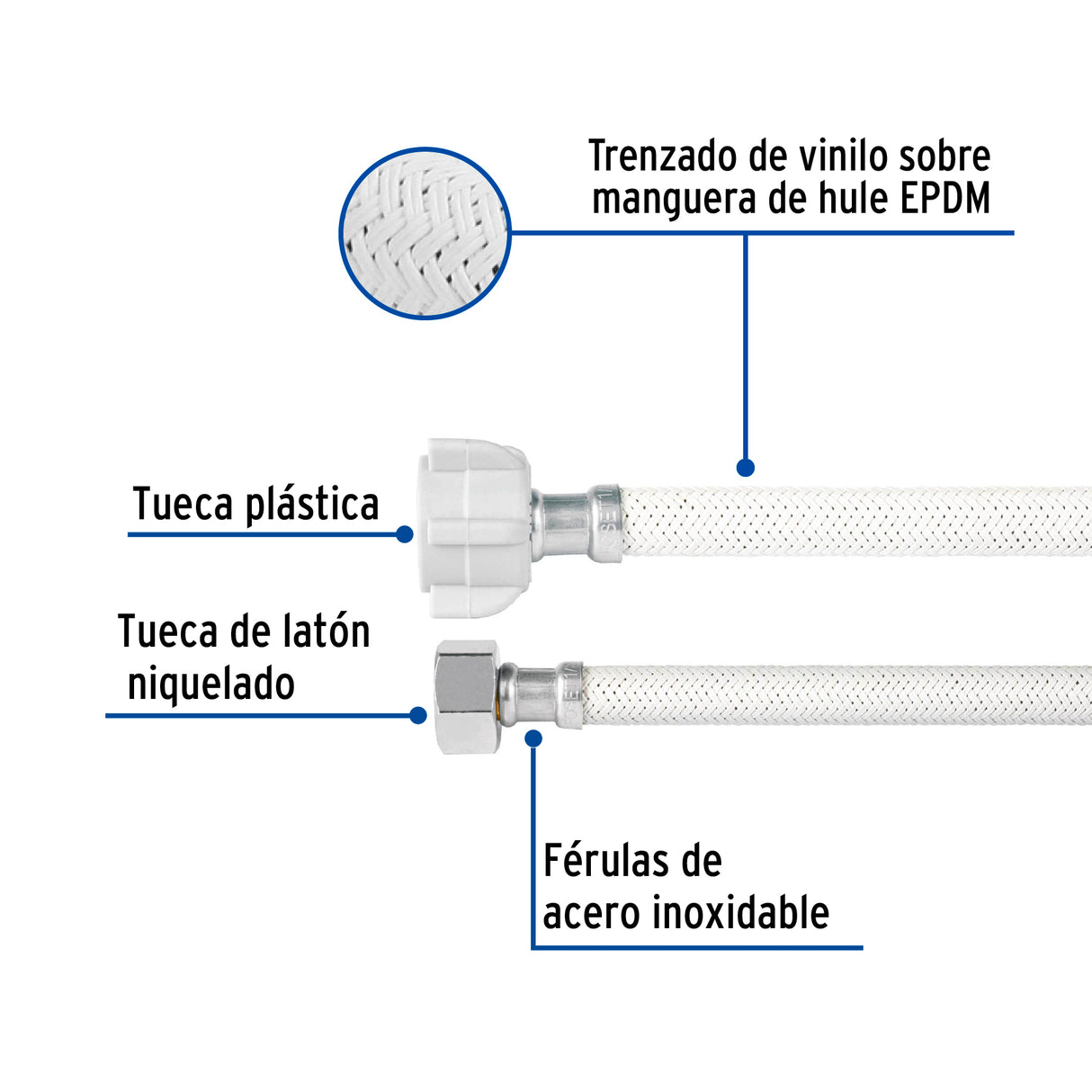 Manguera para Wc Vinilo Blanco 1/2'X7/8', 50 cm, Plástico/Latón