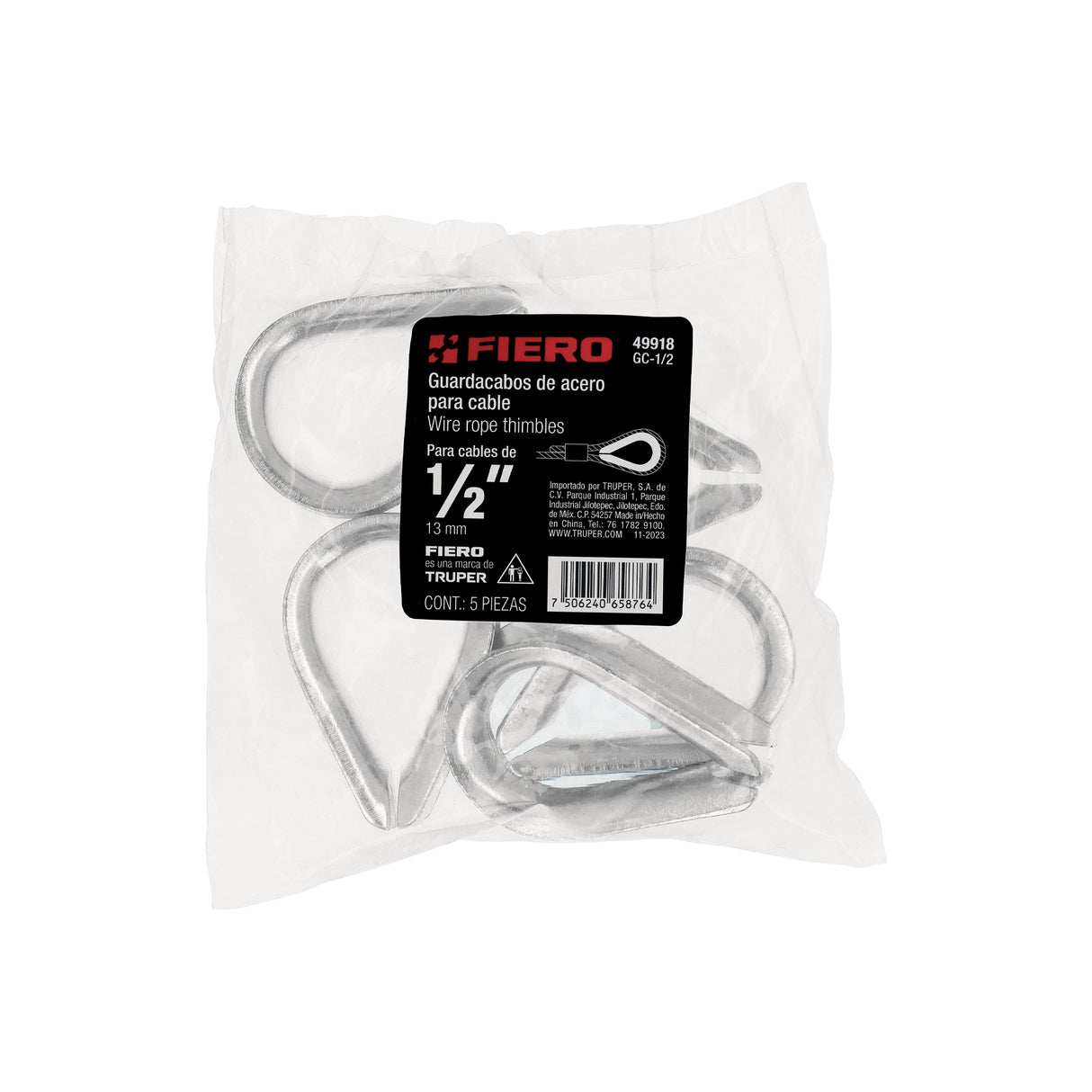 Bolsa con 5 Guardacabos para Cable de Acero de 1/2', Fiero
