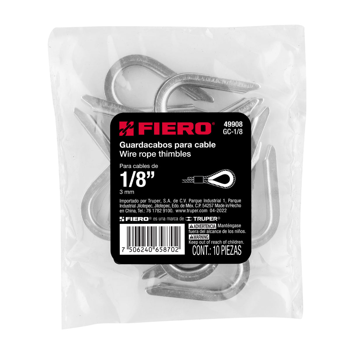 Bolsa con 10 Guardacabos para Cable de Acero de 1/8', Fiero