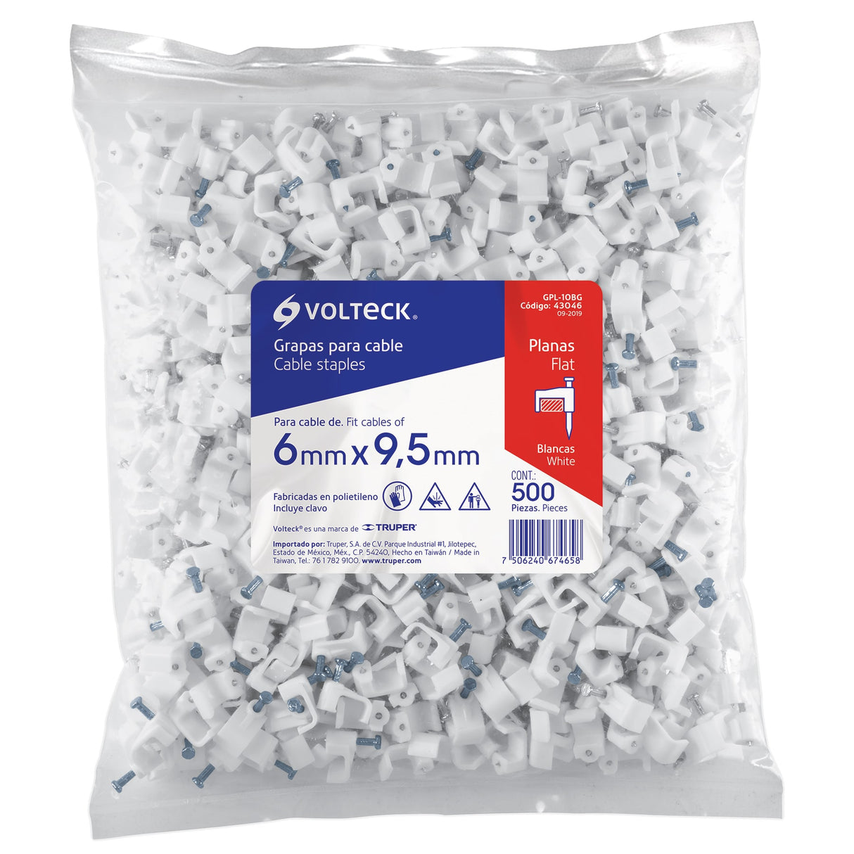 Bolsa con 500 Grapas Blancas de 6 X 9.5 mm para Cable Plano
