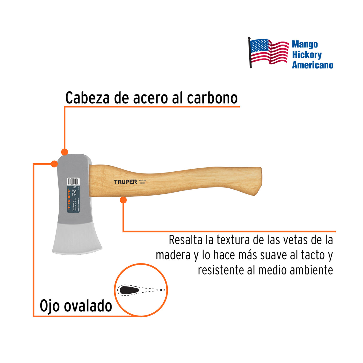 Hacha Cazadora 1-3/4 lb, Mango Hickory 15', Truper