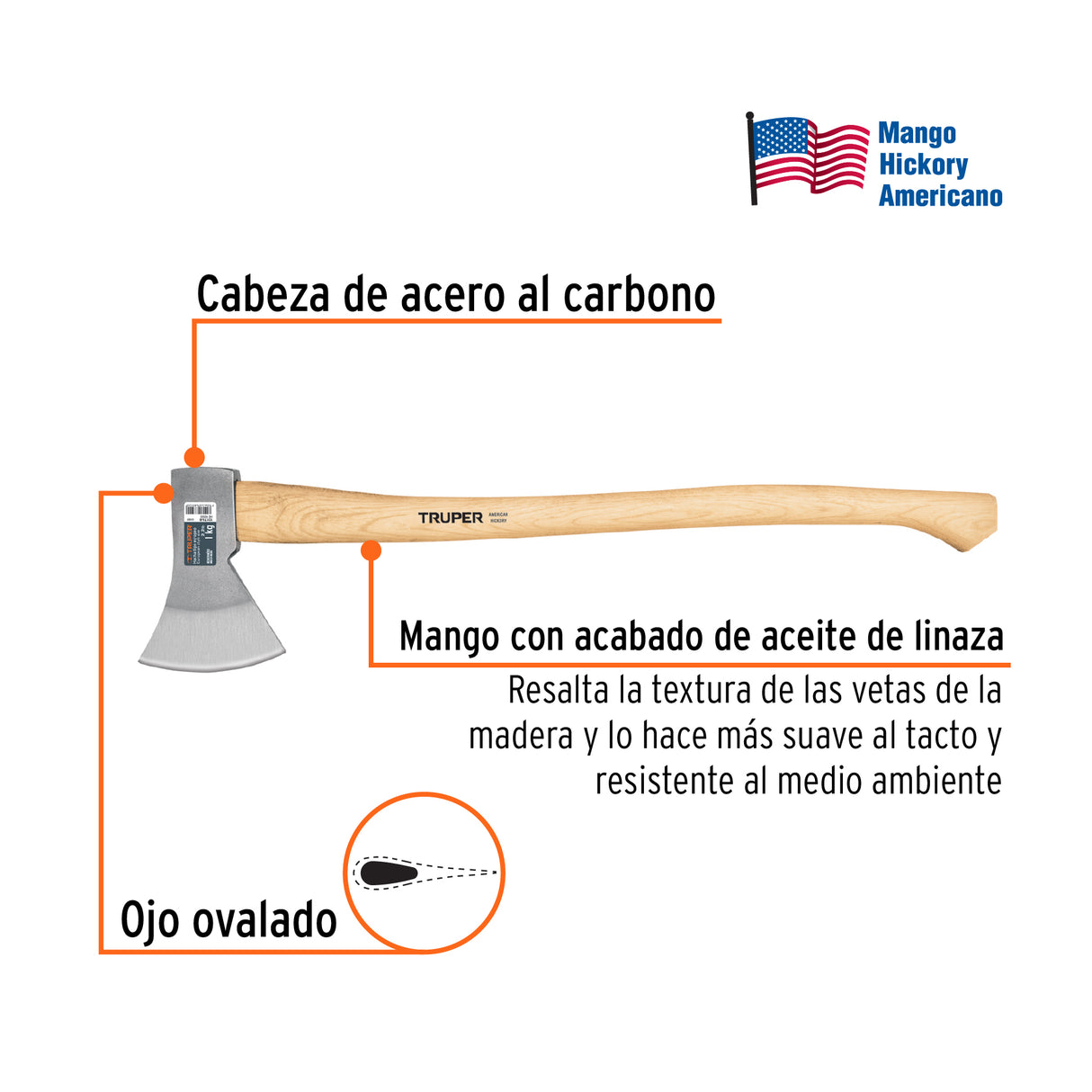 Hacha Europea 1000 g, Mango Hickory 28', Truper