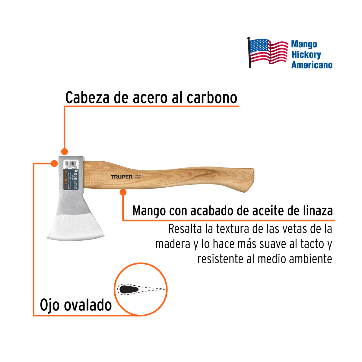 Hacha Europea, 800 g, Mango Hickory 15', Truper