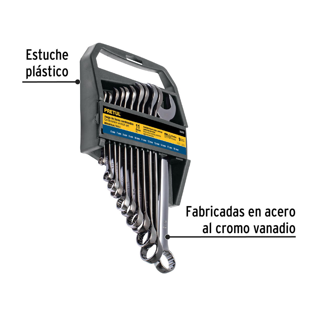 Juego de 11 Llaves Combinadas mm, Acabado Gun Metal, Pretul