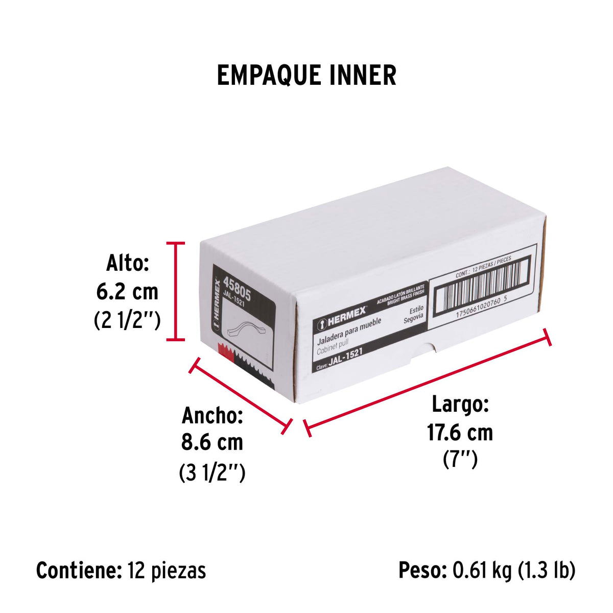 Jaladera de 96 mm, Línea Segovia, Latón Brillante, Hermex