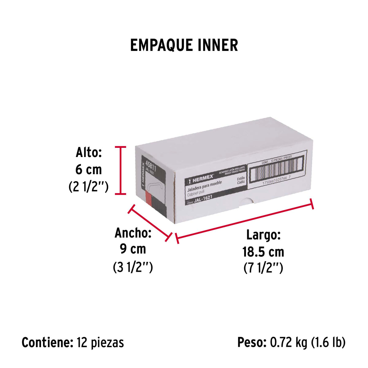 Jaladera de 96 mm, Línea Cádiz, Latón Brillante, Hermex