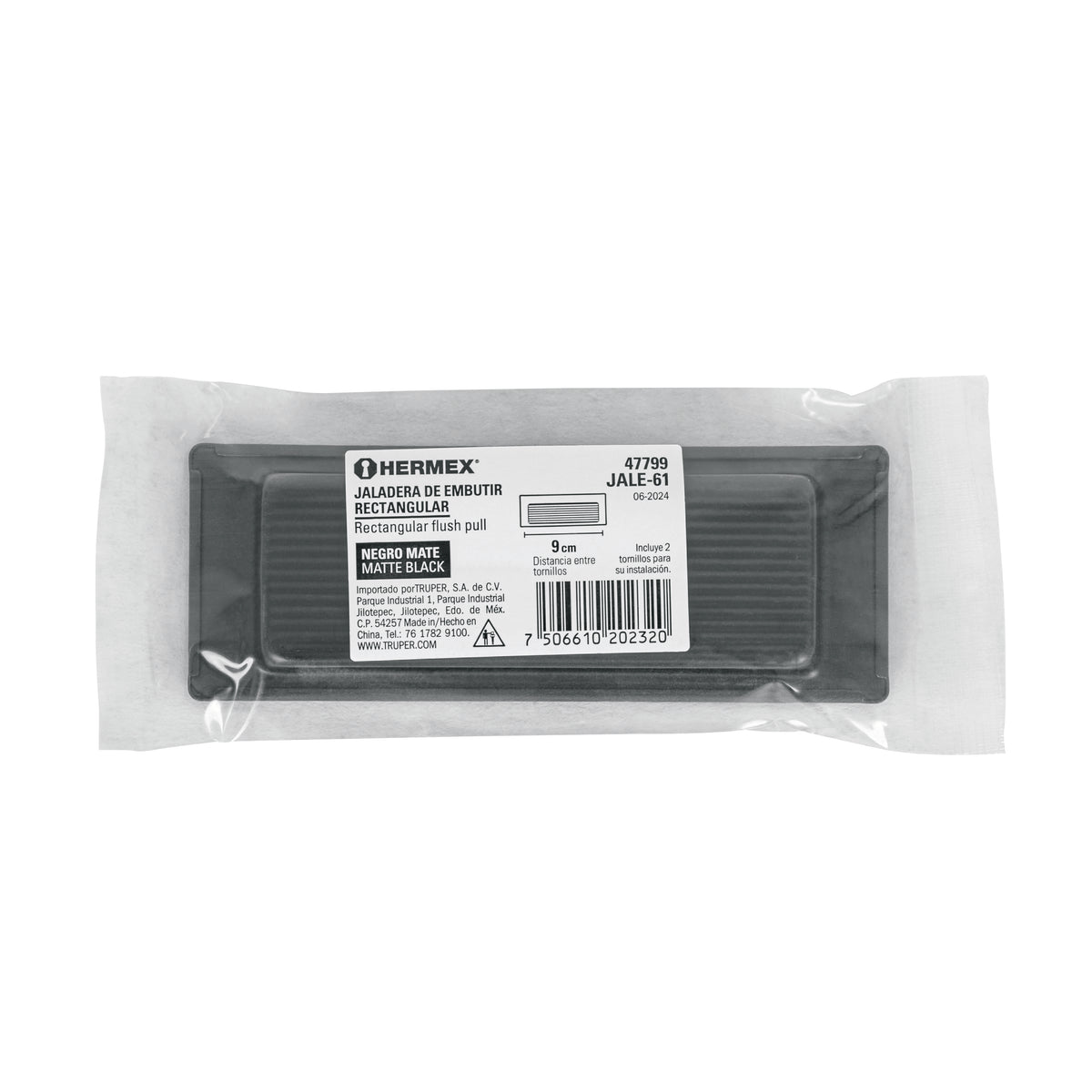 Jaladera de Embutir Cuadrada Acabado Negro, Hermex