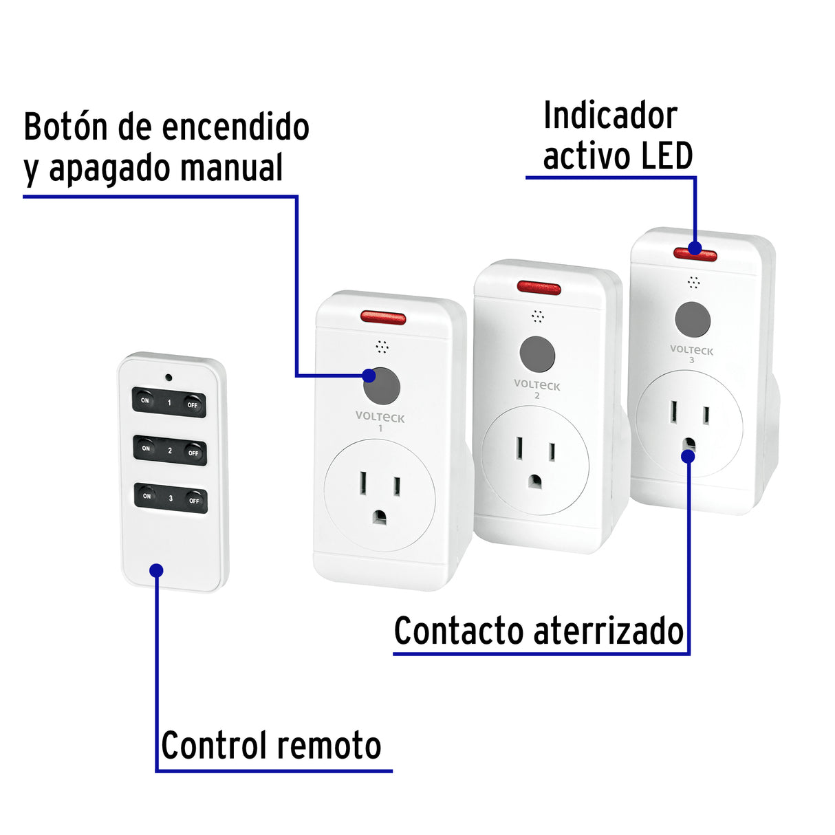 Juego de 3 Contactos con Control Remoto, Volteck