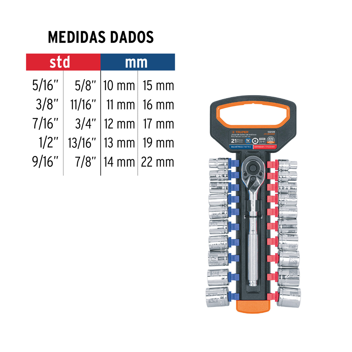 Juego de Dados mm y Std con Matraca, Cuadro 3/8', Truper