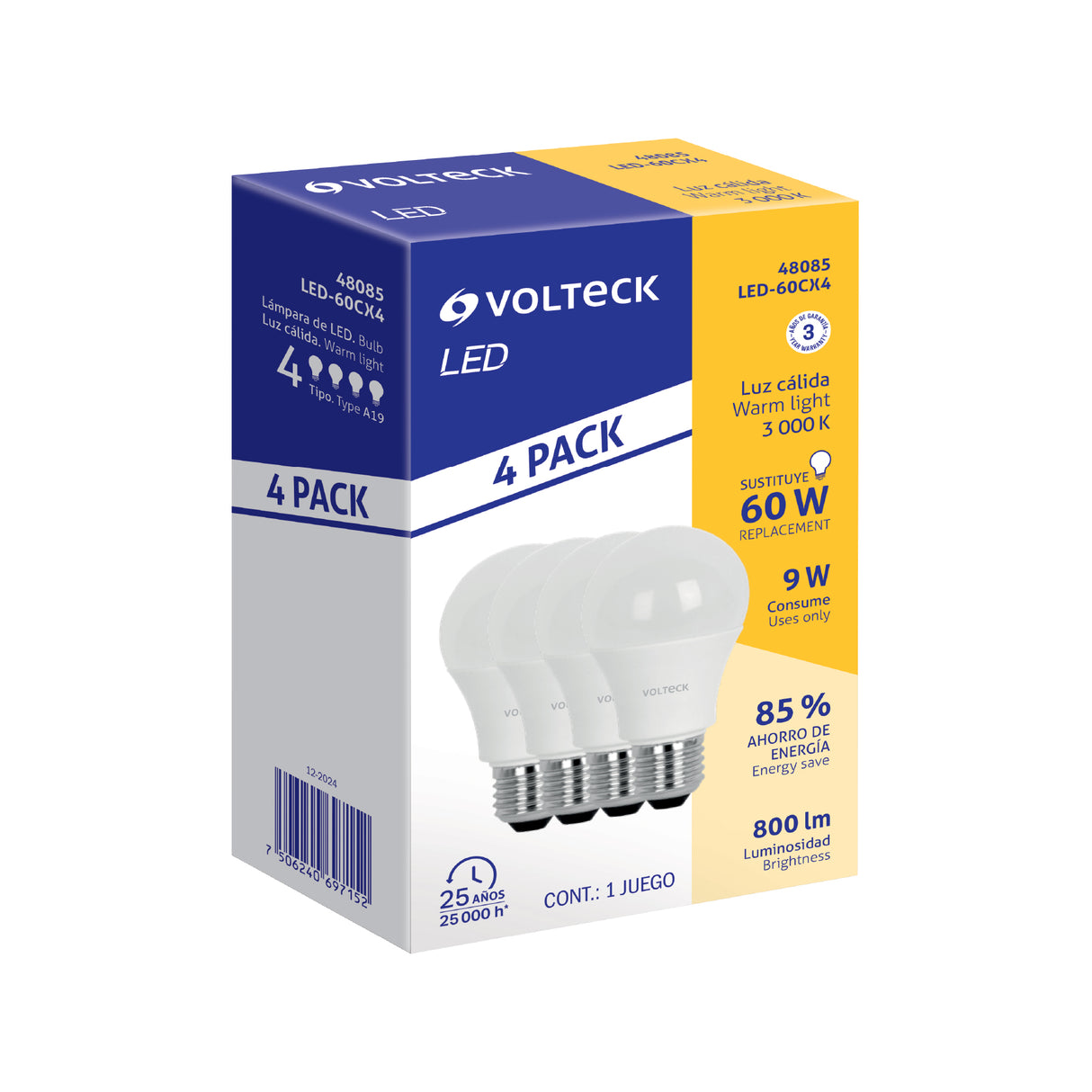 Pack 4 Focos LED 9 W (60 W) A19, 3000K Blanca Cálida, 800 Lm