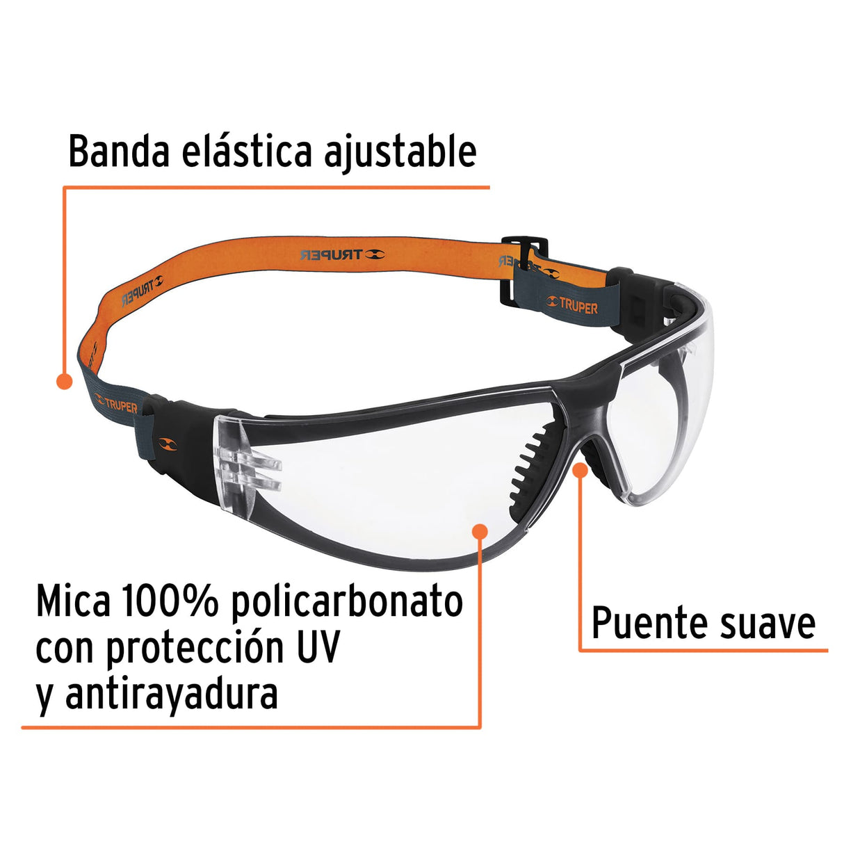 Lentes de Seguridad, Transparente con Banda Elástica, Active