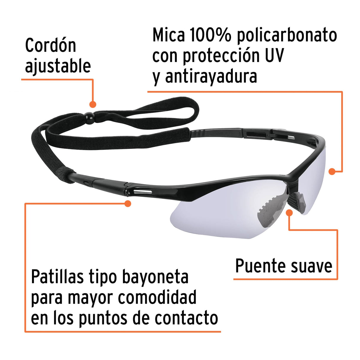 Lentes Seguridad Espejo Azul C/Cordón Ajustable, Sport