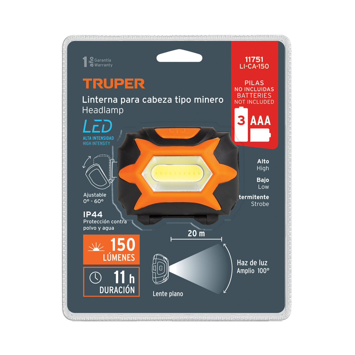 Linterna de Minero LED 150 Lm, de 3 Pilas Aaa, Truper