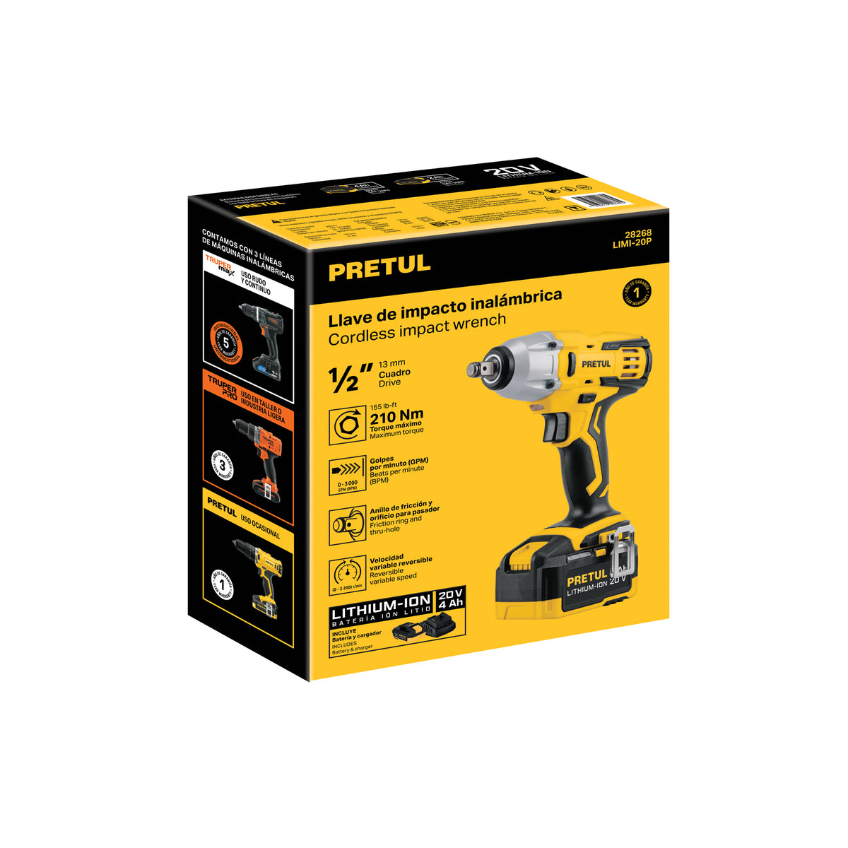Llave de Impacto 1/2', 20 V, 155 lb/ft, 1 Batería 4 Ah, Pretul
