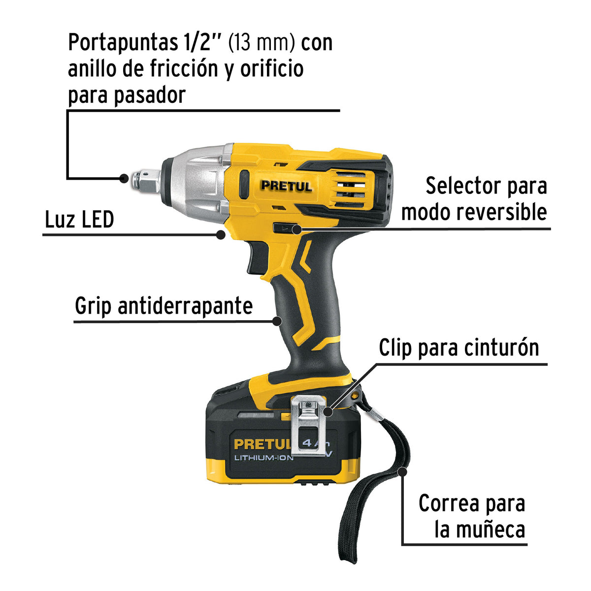 Llave de Impacto 1/2', 20 V, 155 lb/ft, 1 Batería 4 Ah, Pretul
