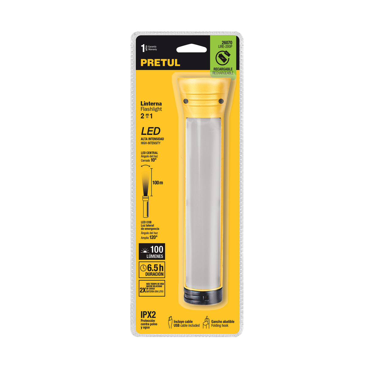 Linterna Plástica de LED, 100 Lm, Recargable, Pretul