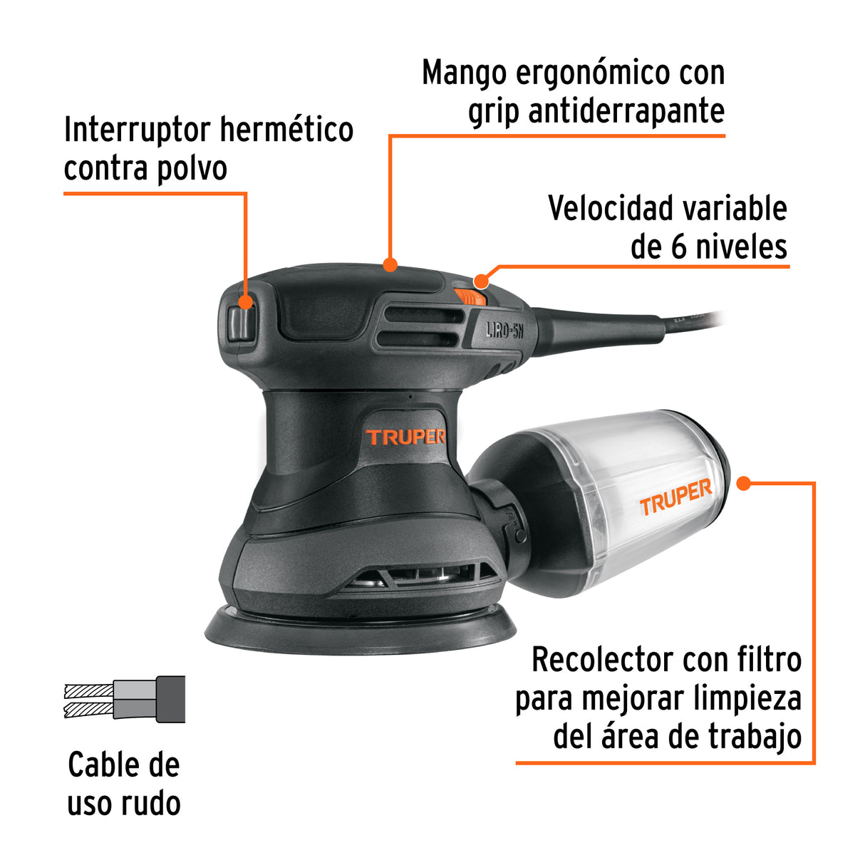 Lijadora Roto Orbital 5', 260 W, Truper Industrial