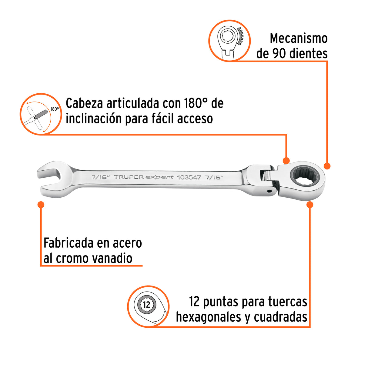 Llave Combinada con Matraca 7/16' Flexible, Expert