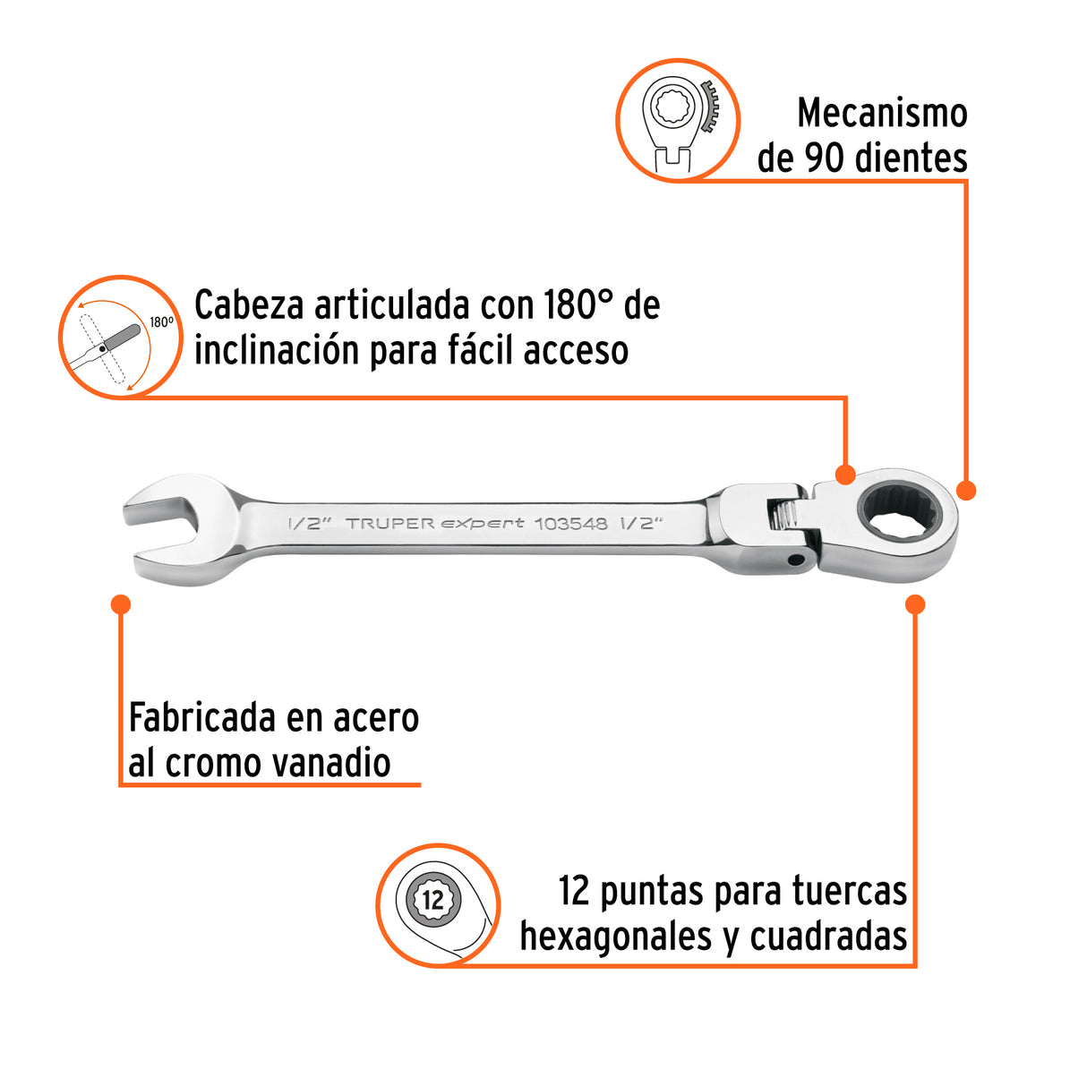 Llave Combinada con Matraca 1/2' Flexible, Expert