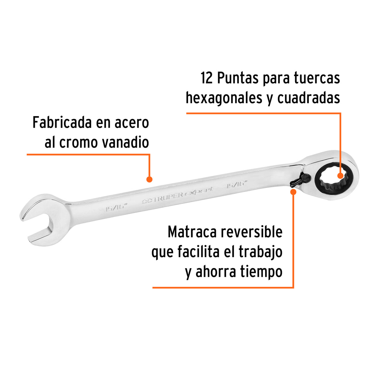 Llave Combinada Matraca Reversible 15/16'X332 mm Largo, Expert
