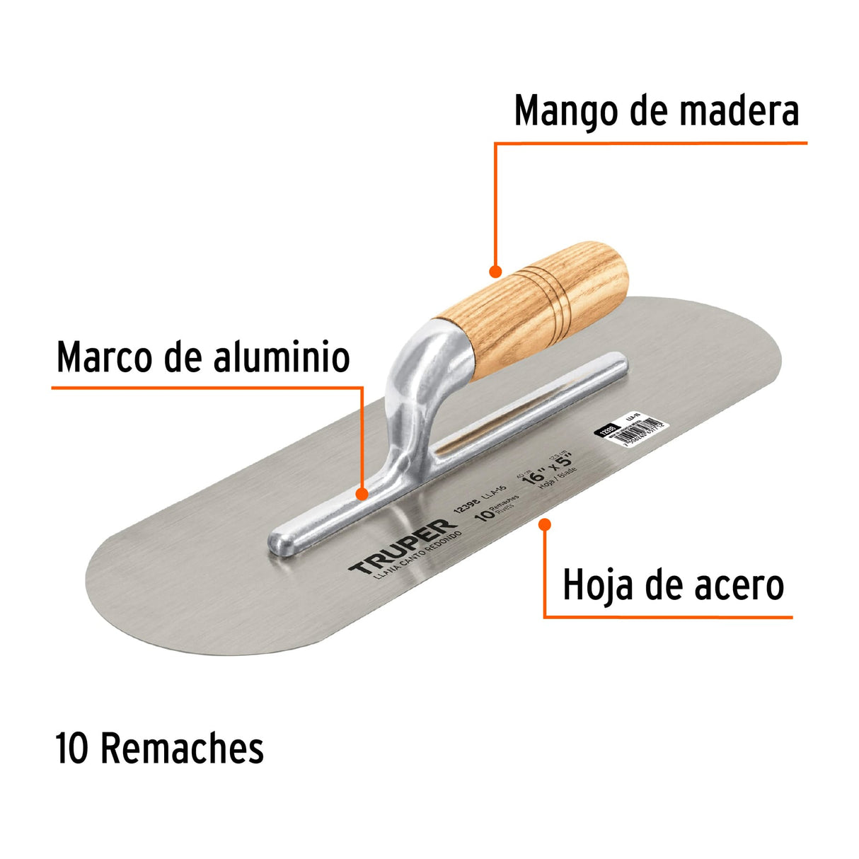 Llana Canto Redondo 16' X 5' con Mango de Madera, Truper