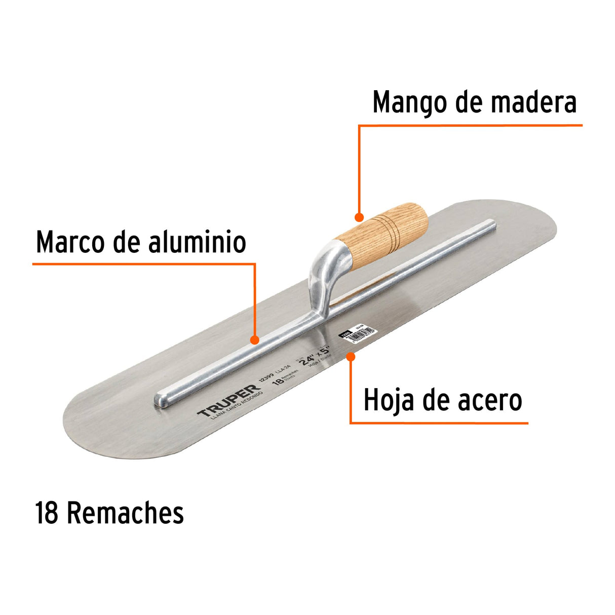 Llana Canto Redondo 24' X 5' con Mango de Madera, Truper