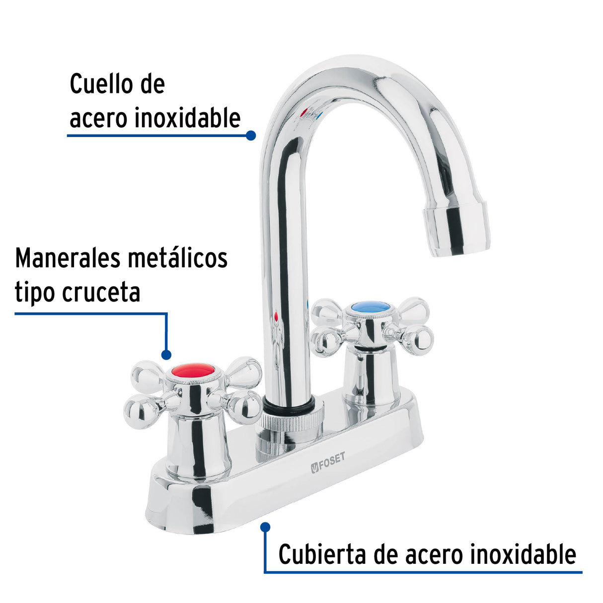 Mezcladora 4' para Lavabo, Cuello Bar, Manerales Cruceta