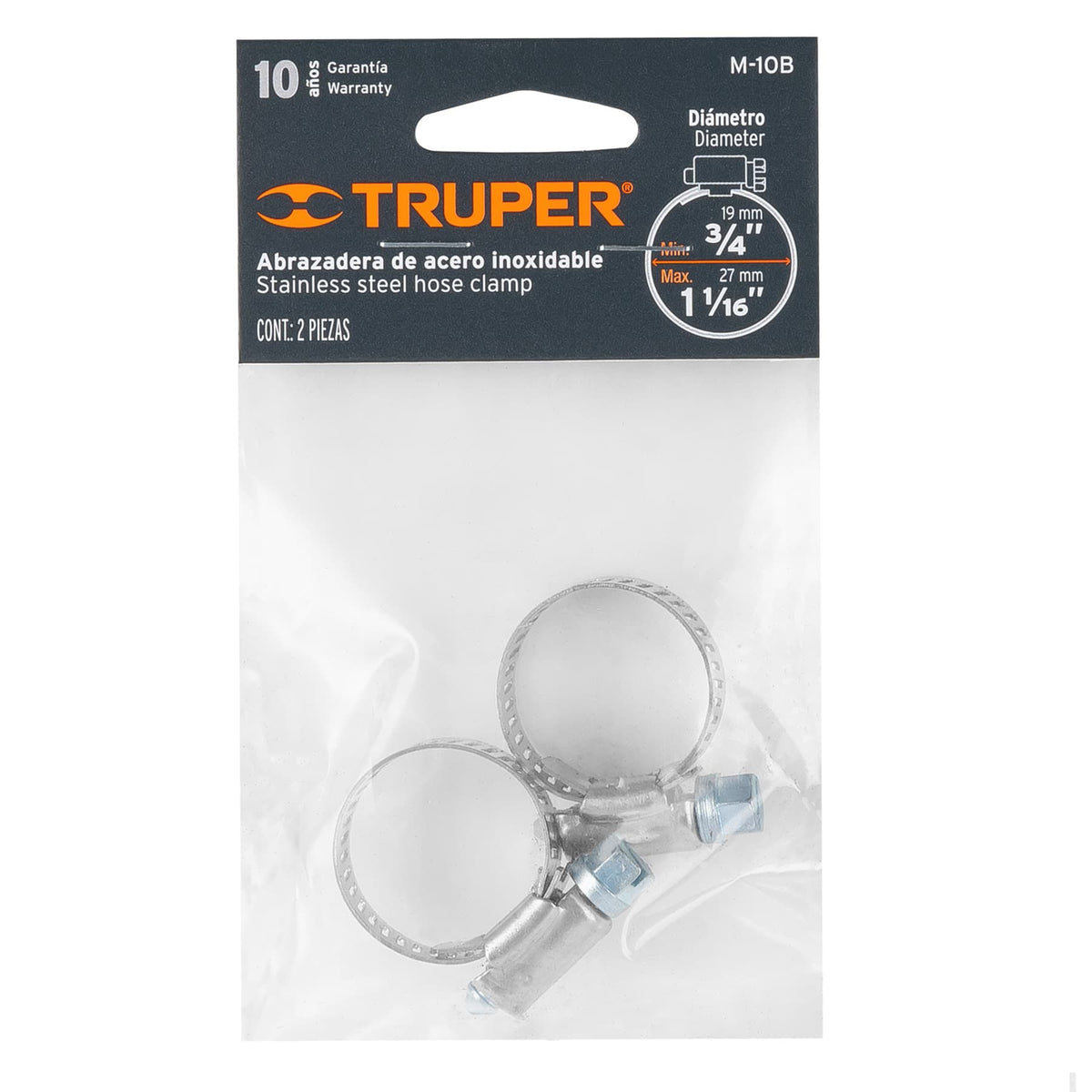 Bolsa C/2 Abrazaderas sin Fin # 10, 3/4 - 1-1/16', Truper