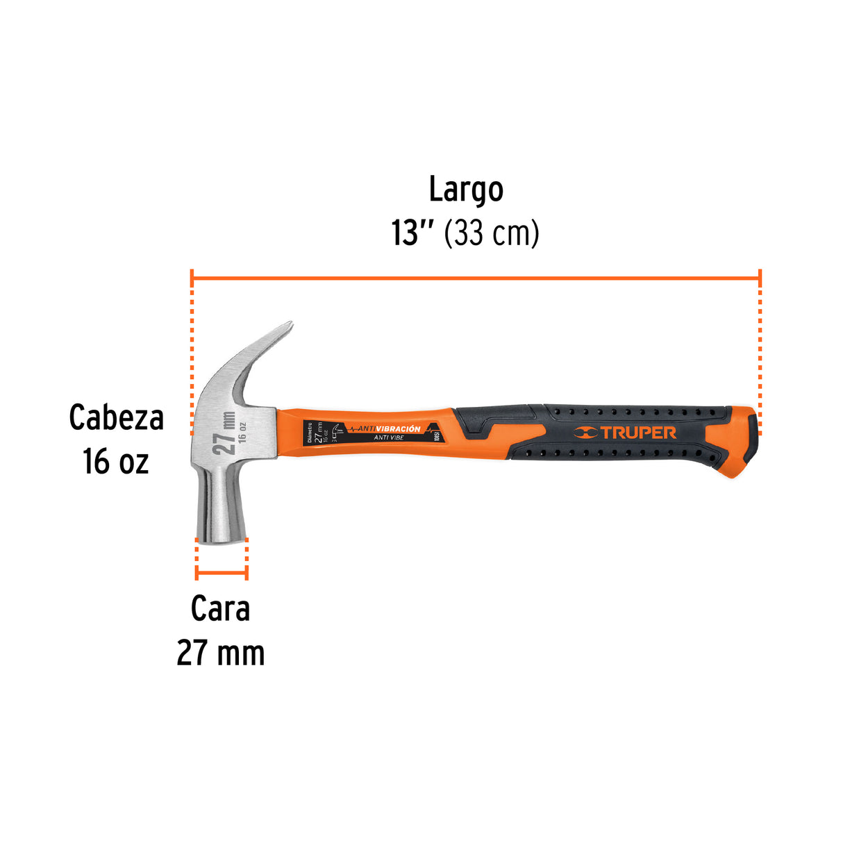Martillo Cabeza Cónica 27 mm Uña Curva, Mango Fibra Vidrio